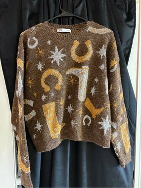 ZARA Brown Sweater with Gold & Cream Western Motif